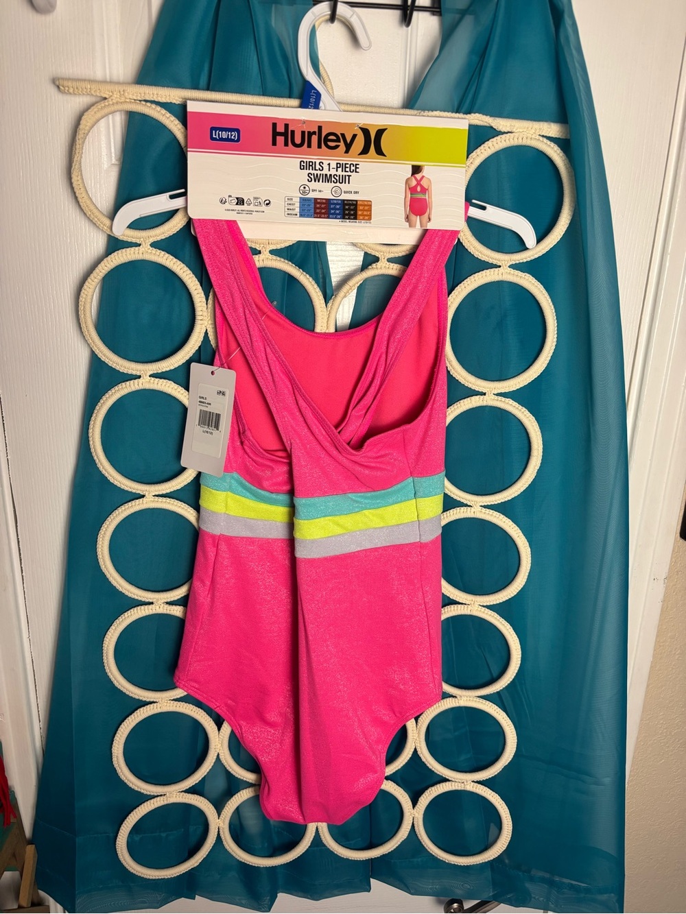 Hurley Pink Girls' One-Piece Swimsuit with Teal, Yellow & Gray Stripes Large NWT - Picture 13 of 13